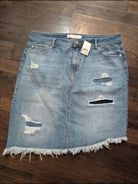 Cato Light Blue Distressed Denim Midi Skirt